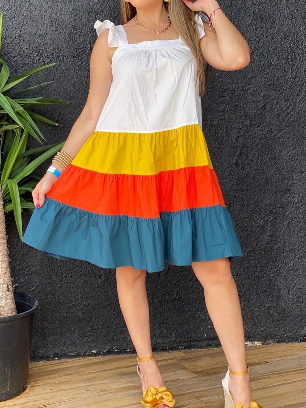 THML Colorblock Ruffle Strap Tiered Dress - White, Yellow, Red, Green